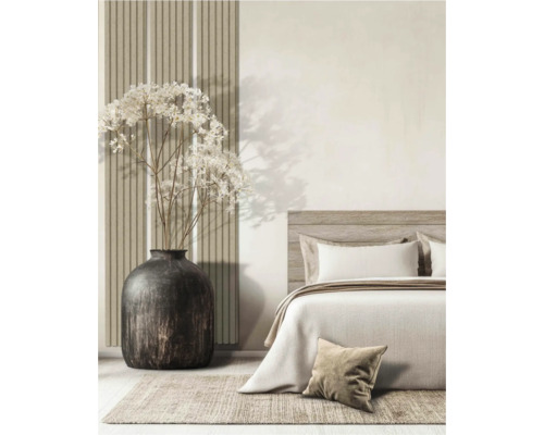 Wandpaneel akoestisch Strips vilt Dune 240x20 cm Slaapkamer met bed, vaas en tapijt voor een gezellige sfeer