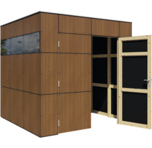 Tuinhuis met houten wandlook, raamelement en open deur