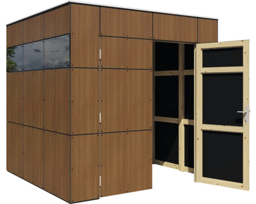 Tuinhuis met houten wandlook, raamelement en open deur