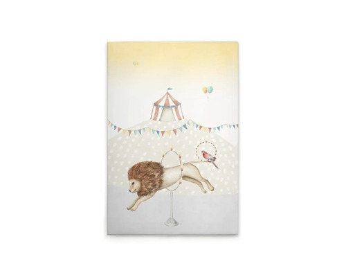 Canvas schilderij met circusmotief, met een leeuw, een vogel en een circustent