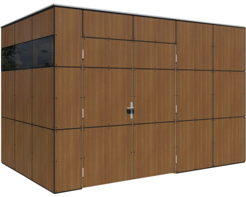 Houtkleurige gereedschapsschuur met deur en raam