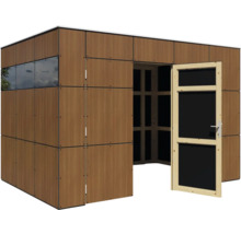 Tuinhuis met houten wandbekleding en deur