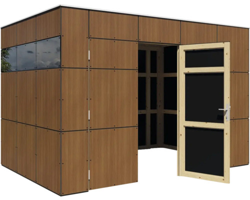 Tuinhuis met houten wandbekleding en deur