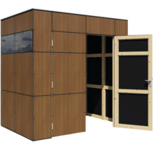 Tuinhuis met houten wandbekleding, raam en open deur.
