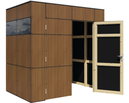 Tuinhuis met houten wandbekleding, raam en open deur.