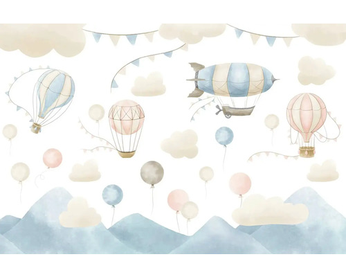 Illustratie van heteluchtballonnen, luchtschip, wolken en bergen voor kinderkamerdecoratie