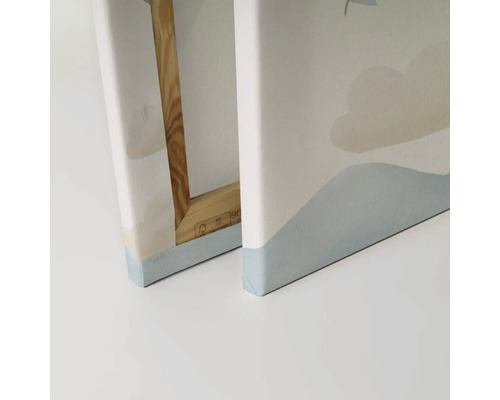 Close-up van twee canvas schilderijen met houten frame