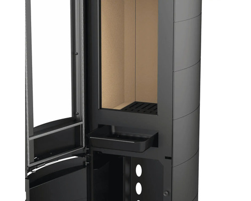 Gedetailleerd beeld van een kachel met open deur en aslade