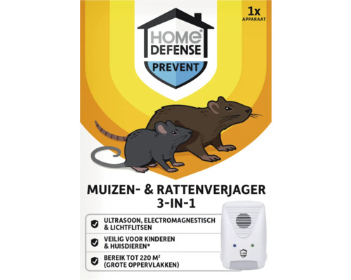 HOME DEFENSE Muizen en ratten verjager ultrasoon + elektromanetisch + lichtflitsen 220 m²