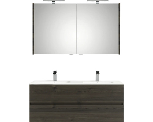Dubbele wastafel met onderkast, spiegelkast en verlichting voor de badkamer