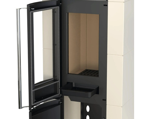 Kachel met open glazen deur en aslade