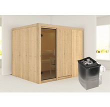 Sauna met houten wanden, glazen deur en saunakachel