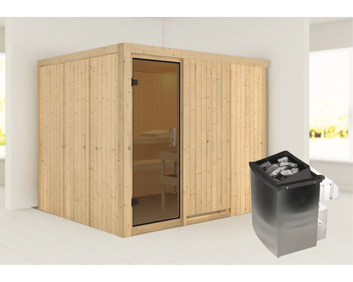 Sauna met houten wanden, glazen deur en saunakachel