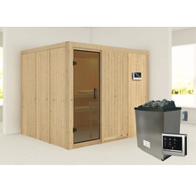 Sauna met glazen deur en saunakachel