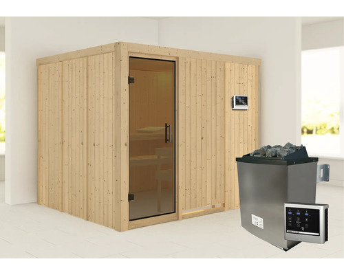 Sauna met glazen deur en saunakachel
