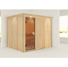 Houten sauna met glazen deur en binnenverlichting voor binnenshuis