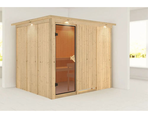 Houten sauna met glazen deur en binnenverlichting voor binnenshuis
