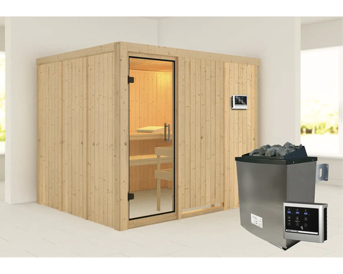 Sauna met saunakachel en bedieningspaneel