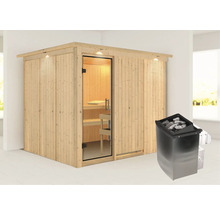 Houten sauna met glazen deur en saunakachel