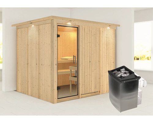 Houten sauna met glazen deur en saunakachel