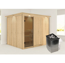 Houten sauna met glazen deur en saunakachel