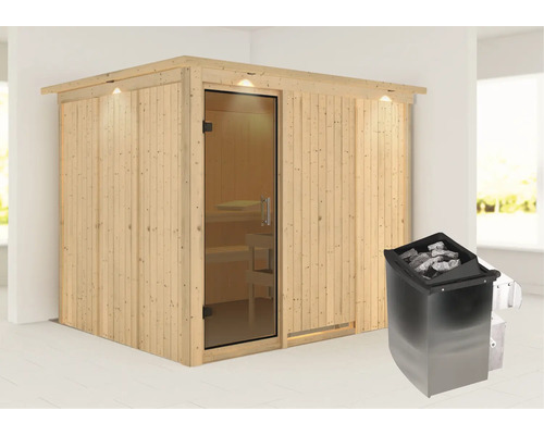 Houten sauna met glazen deur en saunakachel