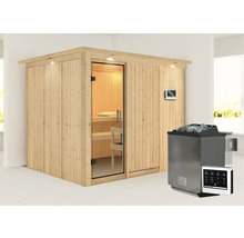Finse sauna met glazen deur, bediening en saunakachel