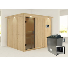 Houten sauna met glazen deur, saunakachel en bediening