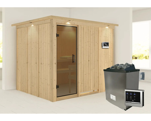 Houten sauna met glazen deur, saunakachel en bediening