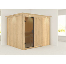 Houten sauna met glazen deur en verlichting