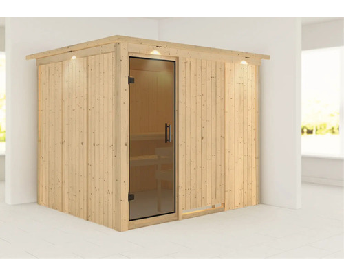 Houten sauna met glazen deur en verlichting