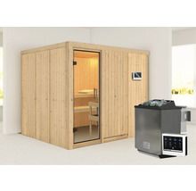 Houten sauna met glazen deur, saunakachel en bedieningspaneel