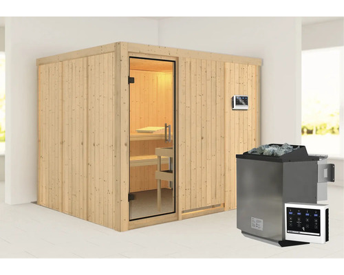 Houten sauna met glazen deur, saunakachel en bedieningspaneel