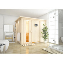 Houten sauna in een lichte badkamer