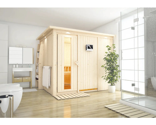 Houten sauna in een lichte badkamer