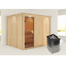 Houten sauna met glazen deur en saunakachel