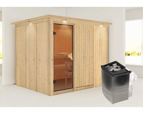 Houten sauna met glazen deur en saunakachel