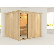 Houten sauna met glazen deur en binnenverlichting