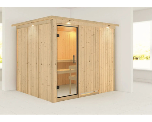 Houten sauna met glazen deur en binnenverlichting