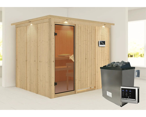 Houten sauna met kachel en bediening