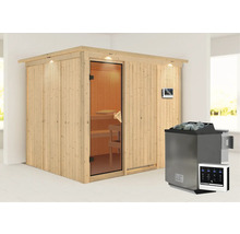 Houten sauna met glazen deur en kachel