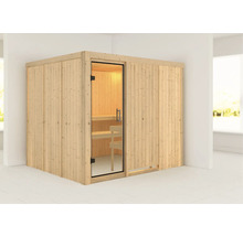 Houten sauna met glazen deur en houten banken