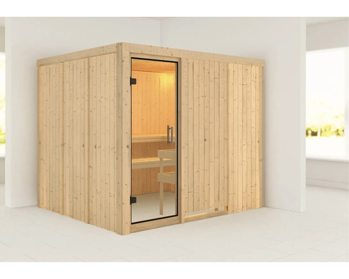 Houten sauna met glazen deur en houten banken