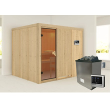 Sauna met houten wanden, glazen deur, saunakachel en bedieningseenheid