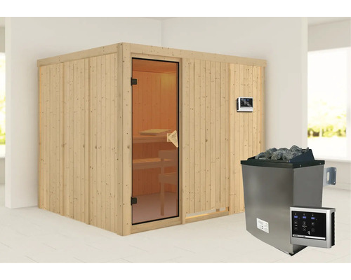 Sauna met houten wanden, glazen deur, saunakachel en bedieningseenheid