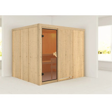 Houten sauna met glazen deur in een lichte ruimte