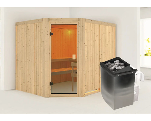 Houten binnensauna met glazen deur en saunakachel