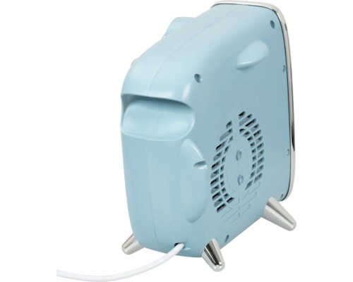Blauwe ventilatorkachel met zilverkleurige poten en ventilatierooster