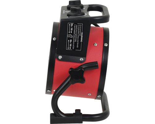 Zijaanzicht van een rode elektrische kachel met handvat en bedieningselementen