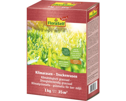 FLORASELF SELECT Graszaad droogtebestendig gazon 35 m² 1 kg FloraSelf Klimatras Droogtetolerant graszaad verpakking, 1 kilogram voor circa 35 vierkante meter
